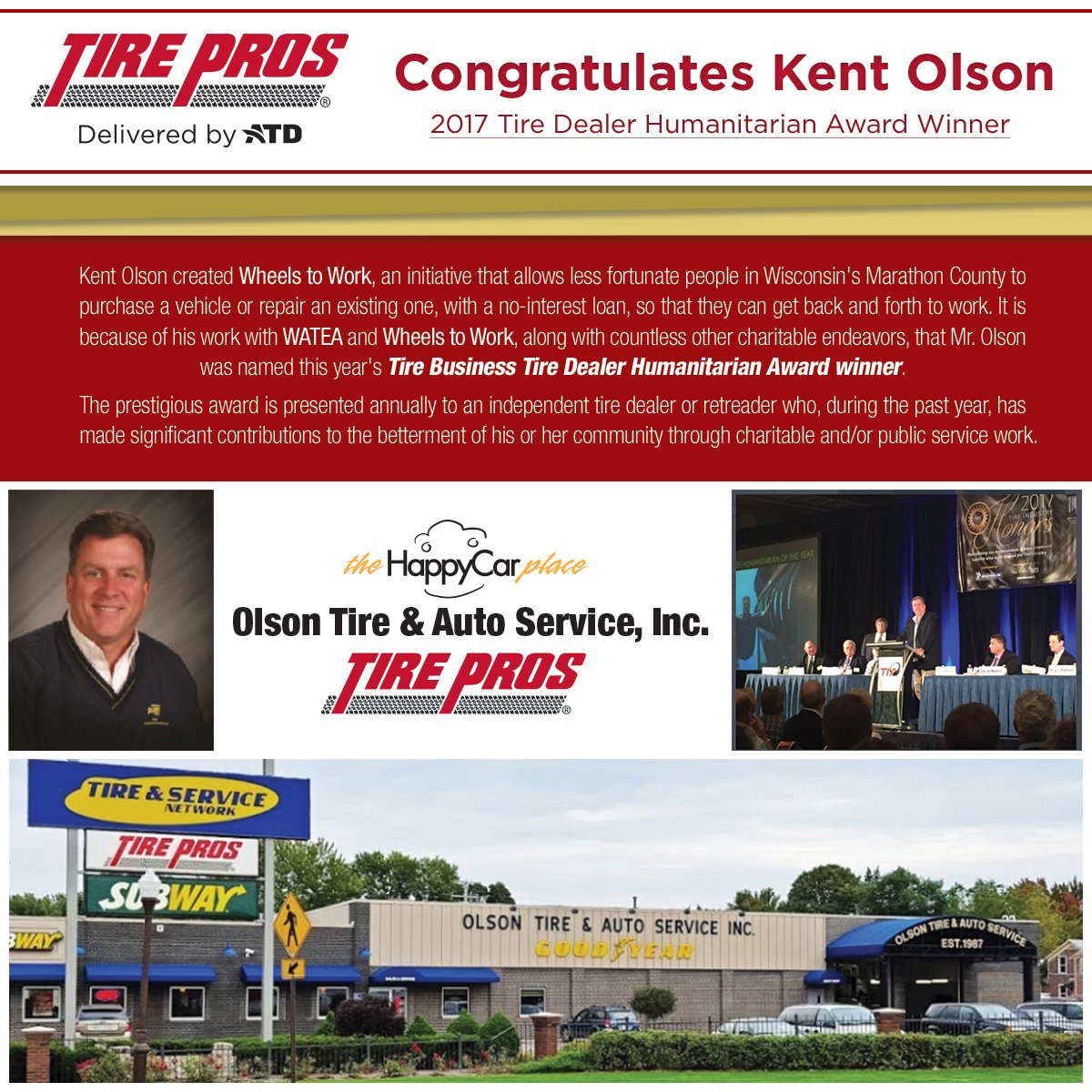 tirepros's tweet photo. @tirepros is honored that Kent Olson, President of Olson Tire &amp; Auto Service, Inc. was awarded: Humanitarian of the Year by Tire Business! https://t.co/bIHWOrIAPo
