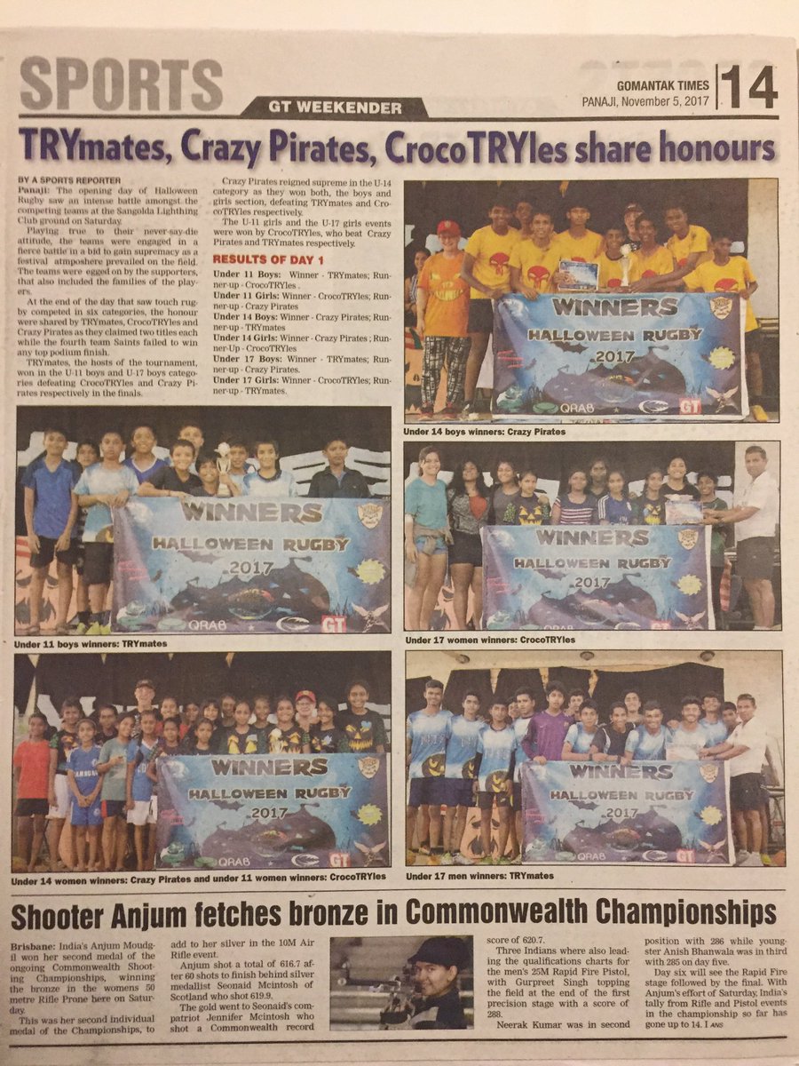 GoaRugby's tweet photo. Many Thanks Team @gomantaktimes #GT for another feature on the Halloween Rugby Cup 2017 #HRC2017 🎃👻🏆

#GoaAmche4 https://t.co/tCWjCHmIUF