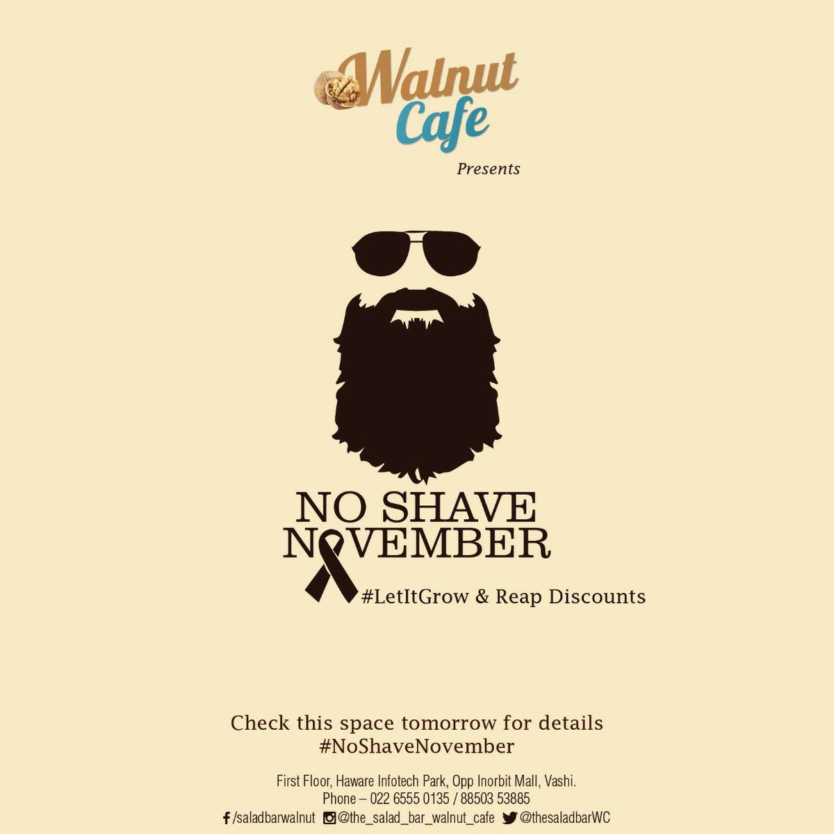 thesaladbarWC's tweet photo. #NoShaveNovember #AtWalnutCafe 
We are celebrating #Movember. Watch this space for more updates. 
#DiscountAlert
https://t.co/BCm1gvphkP https://t.co/Lrxz7aZhEf
