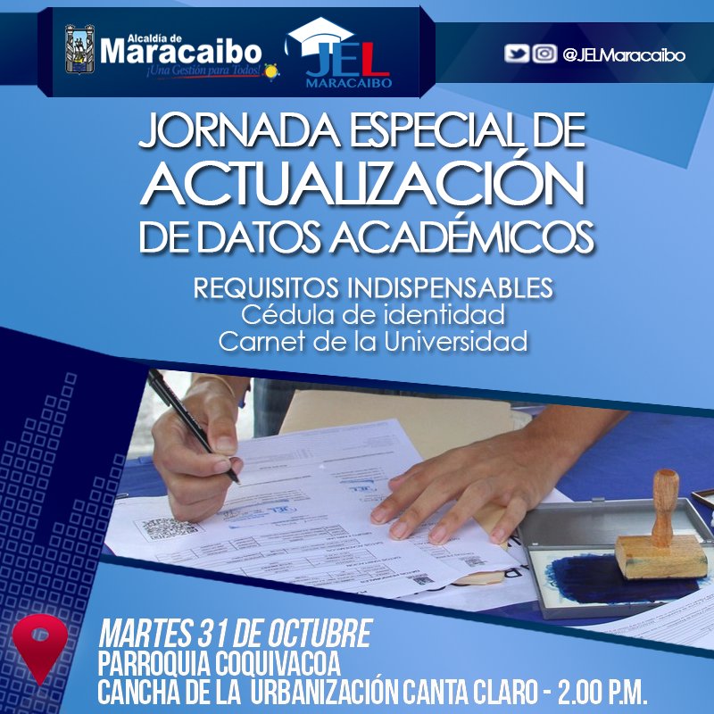 JELmaracaibo's tweet photo. ¡Epa! Nos vemos sin falta el próximo martes 31 en la ´Jornada Especial de Actualización de Datos Académicos´. Recuerda que la asistencia es obligatoria https://t.co/B9F02PqOKj