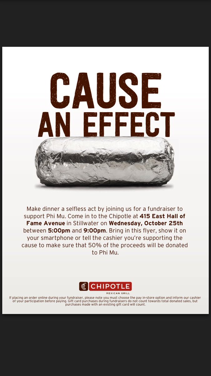 PhiMuAirRock's tweet photo. Roll out to chipotle tonight and earn double points for your team!!! Just show this flyer to the cashier!!! https://t.co/m1llKxebVN