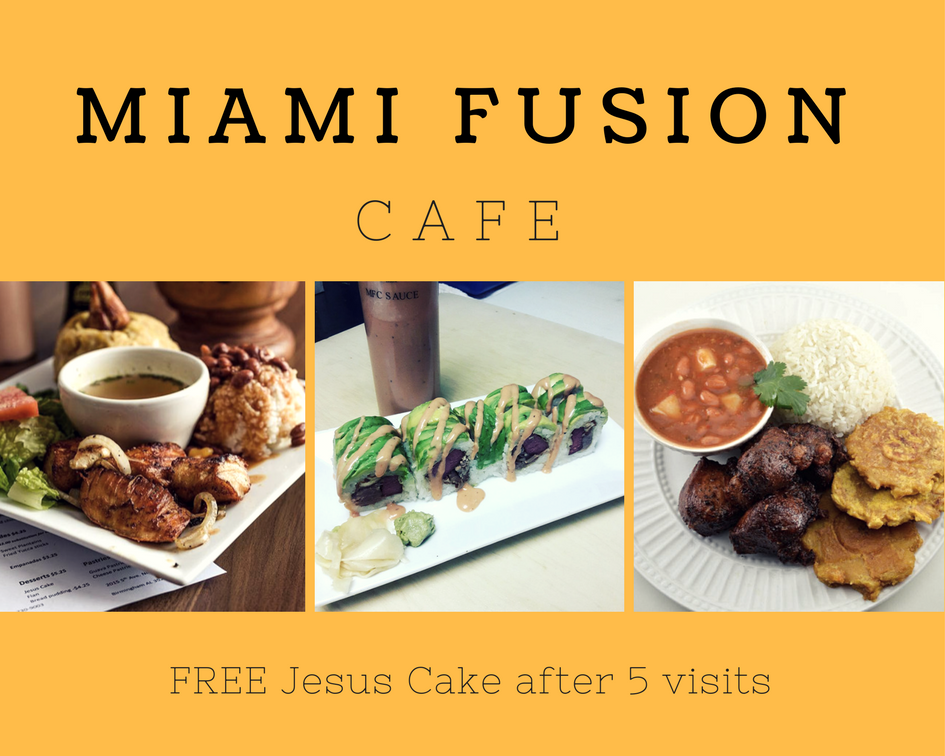 getdelect's tweet photo. Are you getting close to your 5th meal @MiamiFusionCafe ? Don't forget to ask about your FREE Jesus Cake for using the Delect App! https://t.co/bVnYGD2scK