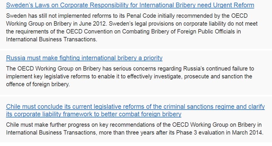 Sweden, Russia, Chile: How is each country responding to recommendations on fighting #bribery? See press releases➡️ bit.ly/OECDpressrelea…