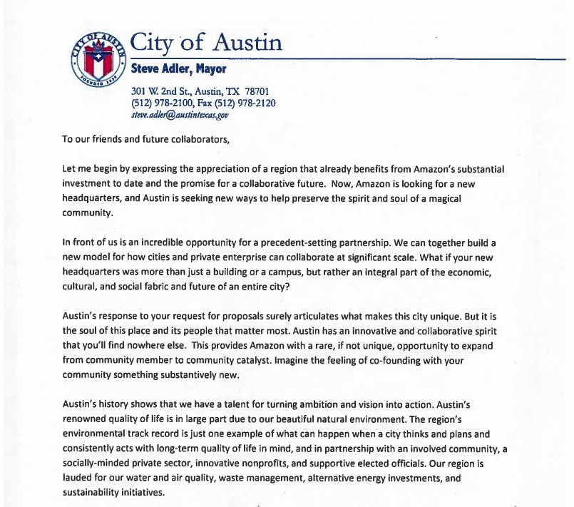 AKMcGlinchy's tweet photo. In letter w/ bid for @amazon's HQ2, @MayorAdler touts Austin's nat resources &amp; employment. Calls mobility Austin's "new frontier." Excerpt: https://t.co/1sniH0uEnH