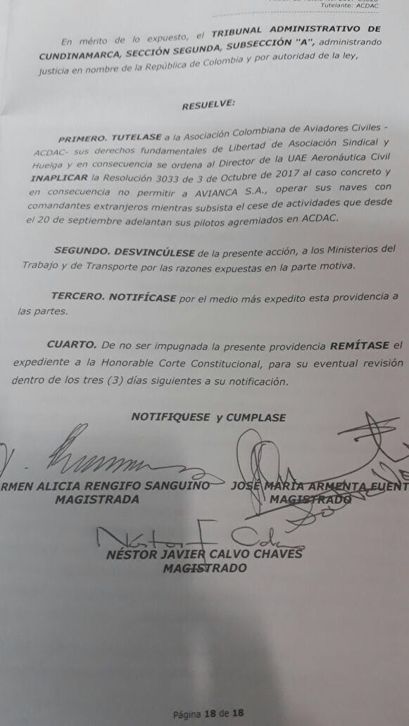VictorJCorreaV's tweet photo. El Juez Constitucional falló contra la propuesta de Avianca de contratar pilotos extranjeros para sustituir a los que encuentran en huelga. https://t.co/Tv15ZFXinY
