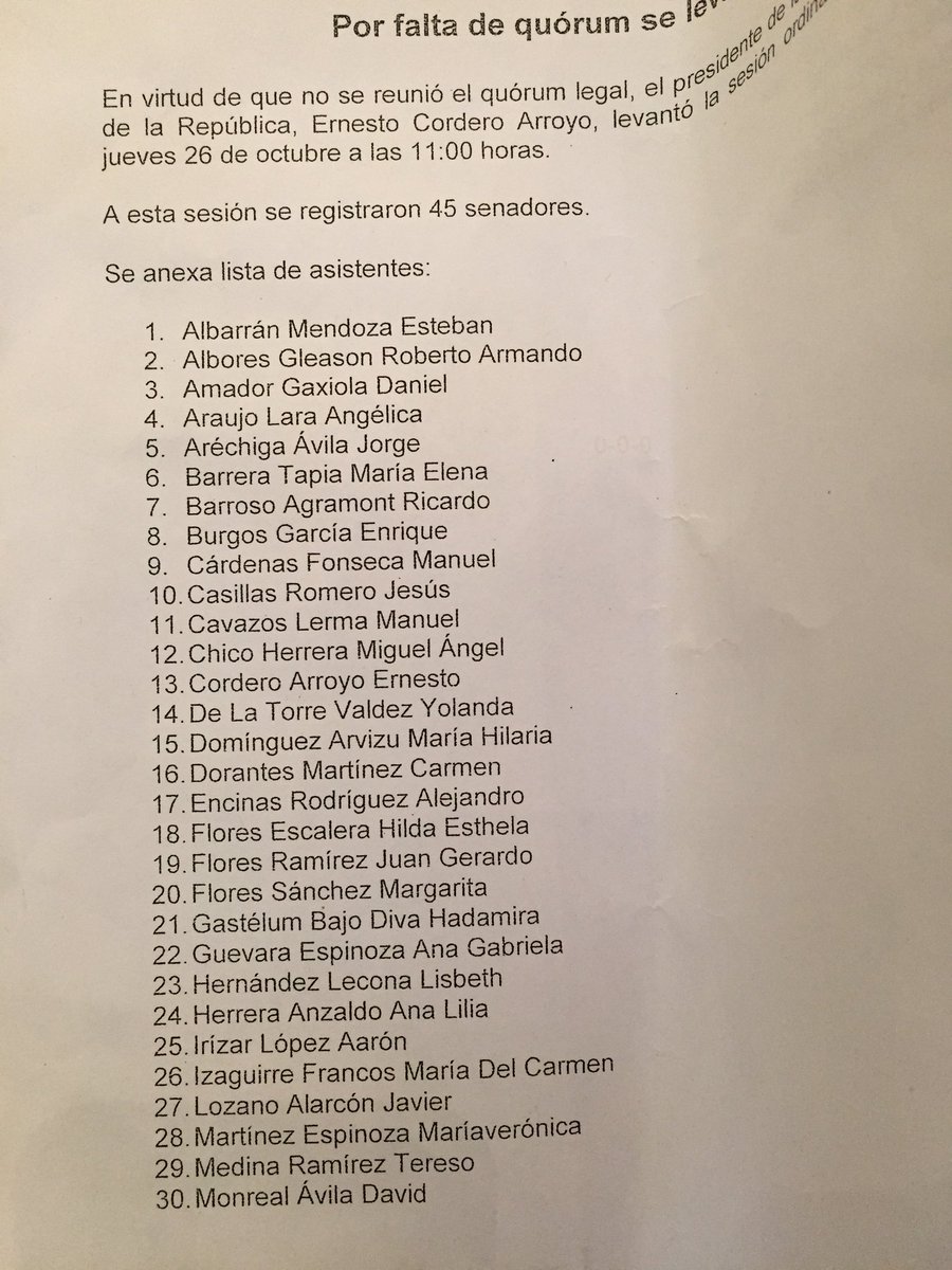 jenarovillamil's tweet photo. Aquí la lista de los 45 senadores que asistieron al pleno. La sesión fue suspendida por falta de quórum. #VotoTransparente https://t.co/50gxUqe1Do
