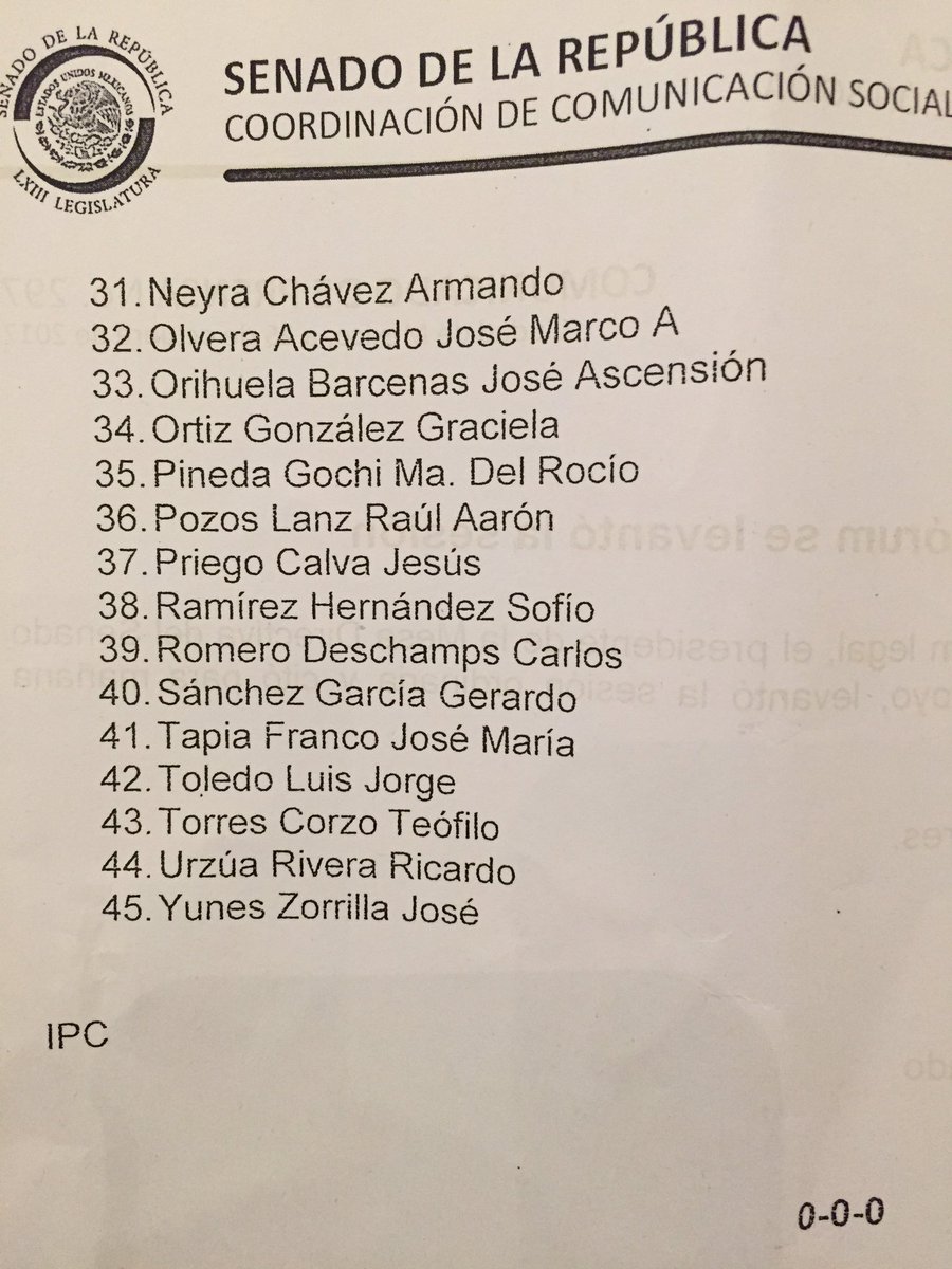 jenarovillamil's tweet photo. Aquí la lista de los 45 senadores que asistieron al pleno. La sesión fue suspendida por falta de quórum. #VotoTransparente https://t.co/50gxUqe1Do