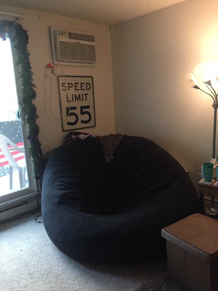 elyssa_hope's tweet photo. That time we found a giant beanbag sad and alone by the dumpsters so we took it in as our own...#adoption #thenandnow @CruatState https://t.co/emd2AP03mx