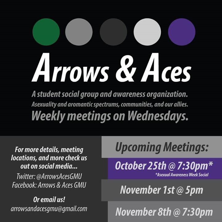 ArrowsAcesGMU's tweet photo. Happy #aceweek! Join us tonight for our Ace Awareness Week social. All aros, aces, and allies welcome for snacks, refreshments, and more! https://t.co/9kGkcOCqjx