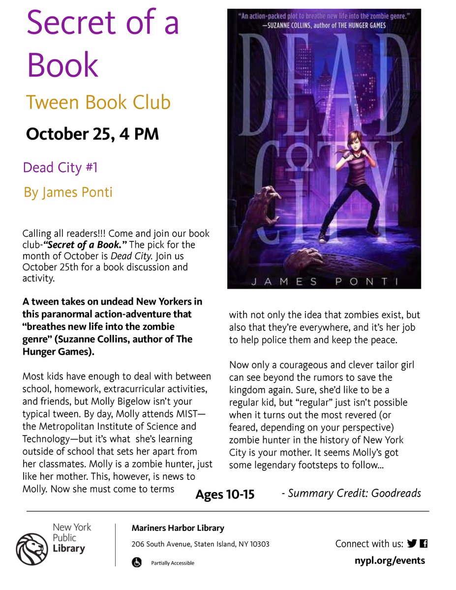 myharborNYPL's tweet photo. Don't miss this month's meeting of Secret of a Book as we discuss Dead City by @JamesPonti 4 PM *Ages 10-14 #tweenbookclub https://t.co/W6vX5O1zTn