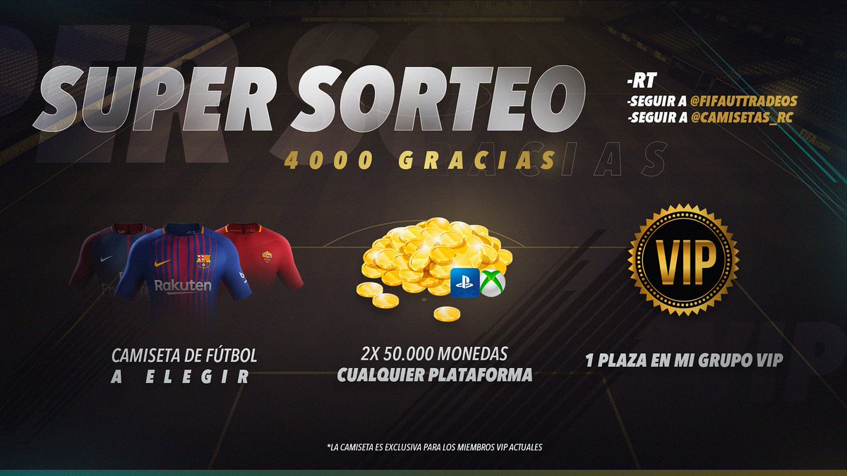 FIFAUTTRADEOS's tweet photo. 🎉 ¡SUPER SORTEO! 🎉

- RT 🔄
- Seguir a @Camisetas_RC ✅
- Seguir a @FIFAUTTRADEOS ✅

¡x4 premios! Camiseta + 100.000 + VIP

Termina el 8/11 https://t.co/RNJGr82dEn