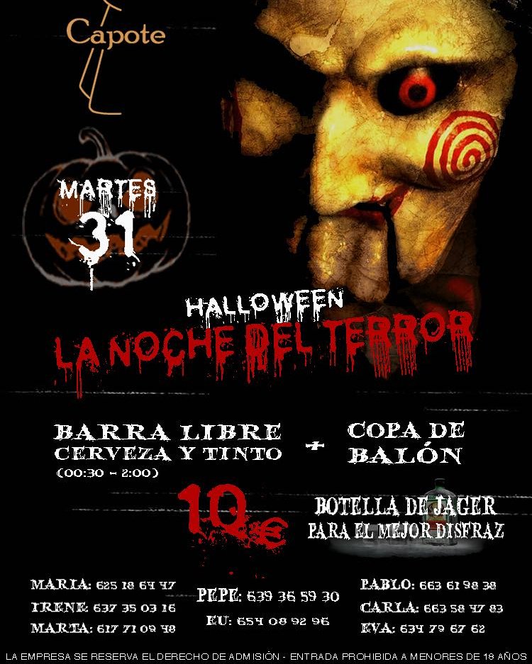 La noche más terrorífica del año te esperamos en Capote. Consigue ya tu entrada para Halloween y ve preparando tu disfraz!!!