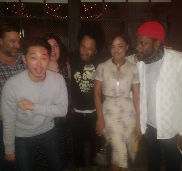 Steven Yeun with the cast of Sorry to Bother You, including Tessa Thompson &amp; Lakeith Stanfield. 📷 Boots Riley (director)