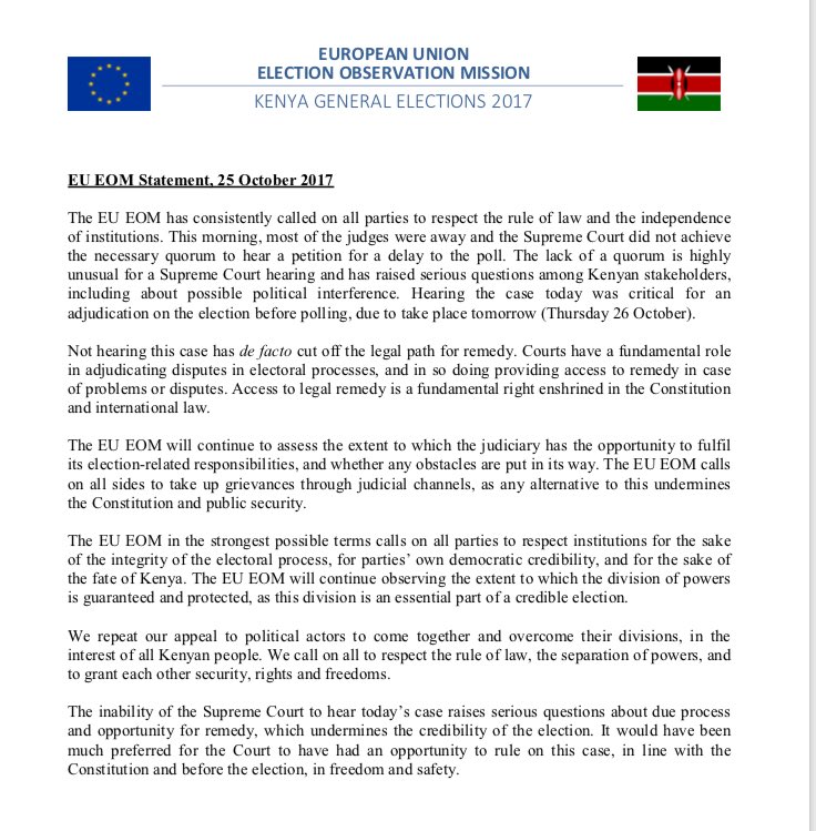 Breaking: please see our latest statement after the Supreme Court of #Kenya was unable to hear the petition for a delay of the poll