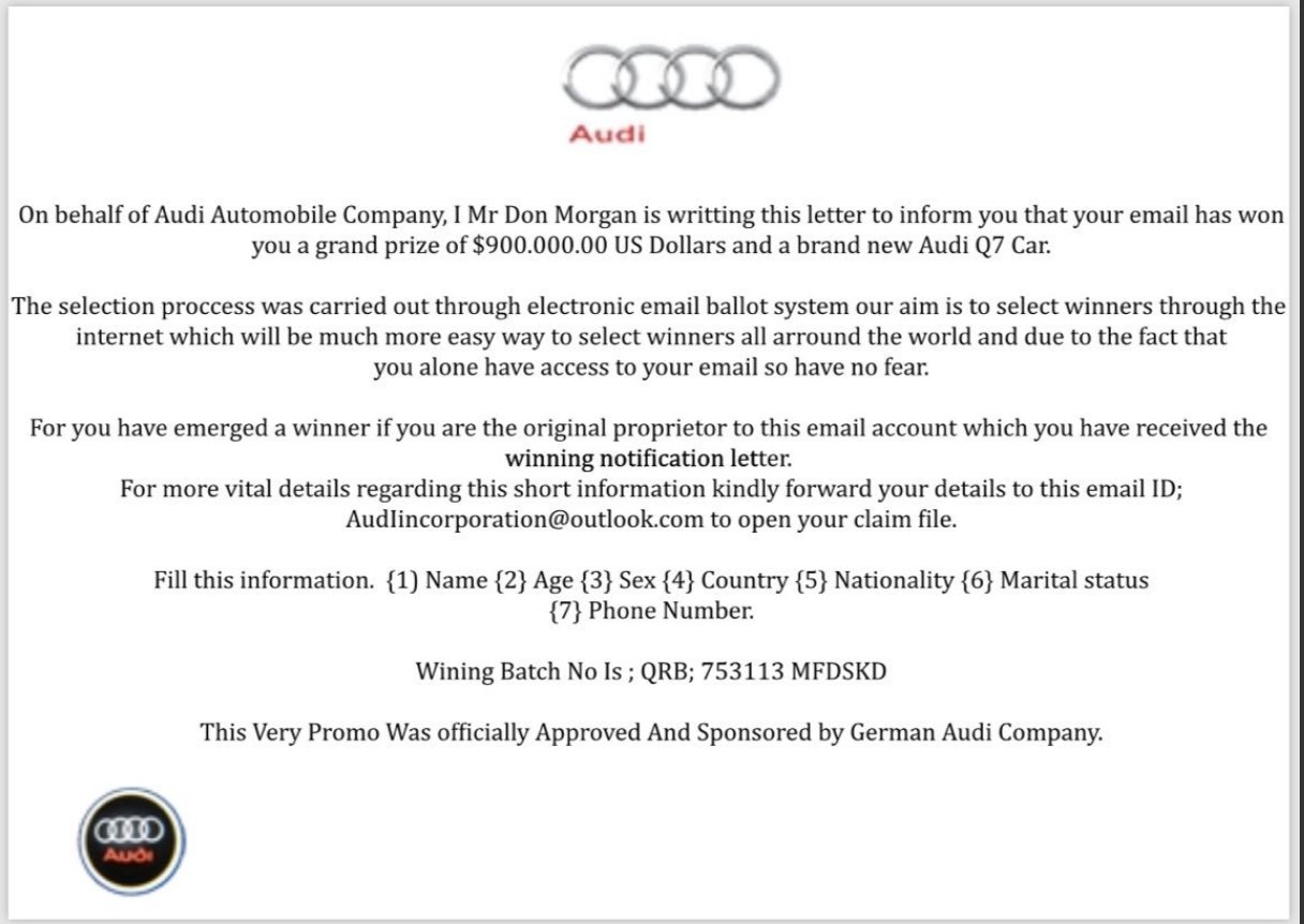 Audi Richmond on X: #ScamAlert: There is an #Audi #Q7 email #scam  circulating out there. This is a scam. Do not respond or give away any  personal information to anyone online or
