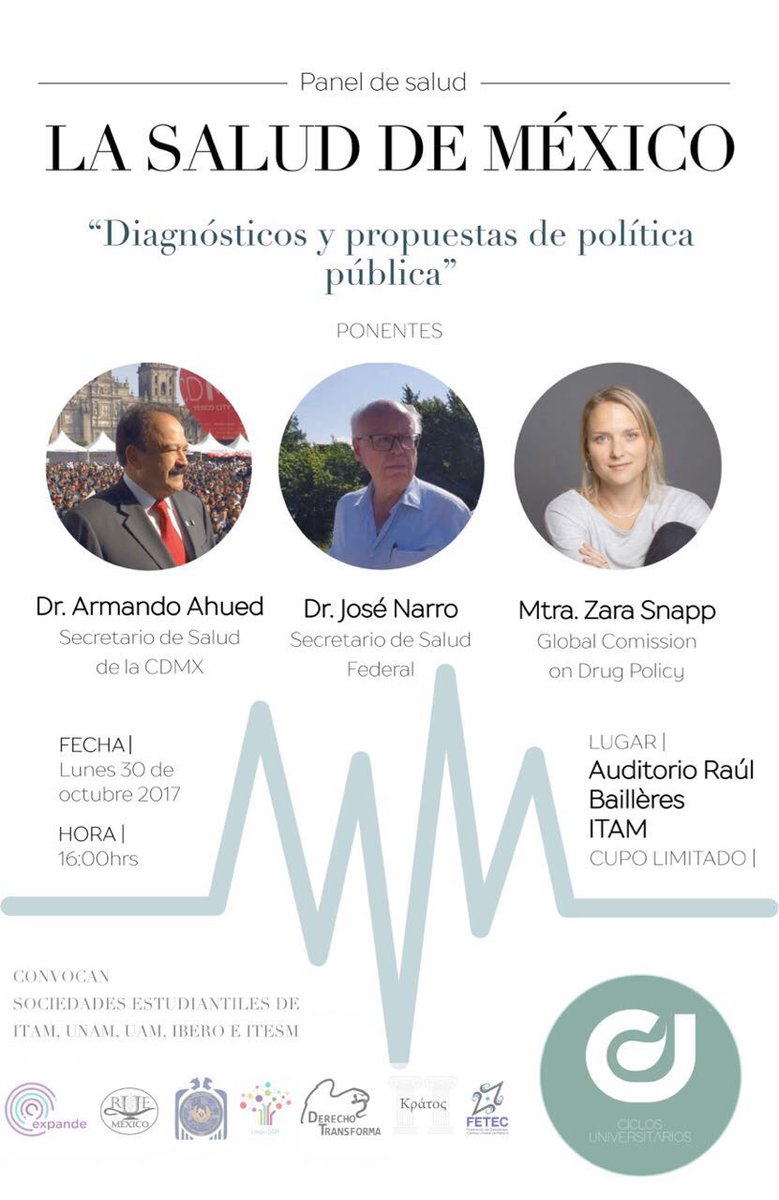 "La salud de México: diagnósticos y propuestas de política pública"
Presentan <a href="/JoseNarroR/">José Narro Robles</a> <a href="/zarasnapp/">Zara Snapp</a> y <a href="/A_Ahued/">Dr. Armando Ahued</a>.

¡Lunes 30 en el <a href="/ITAM_mx/">ITAM</a> !