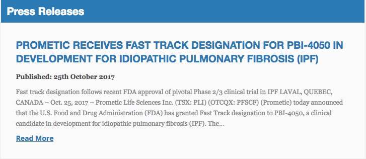 LifeSciComms's tweet photo. #PROMETIC RECEIVES FAST TRACK DESIGNATION FOR PBI-4050 IN DEVELOPMENT FOR IDIOPATHIC PULMONARY FIBROSIS (#IPF) https://t.co/Wf763JruFm https://t.co/fegwFfAcy9