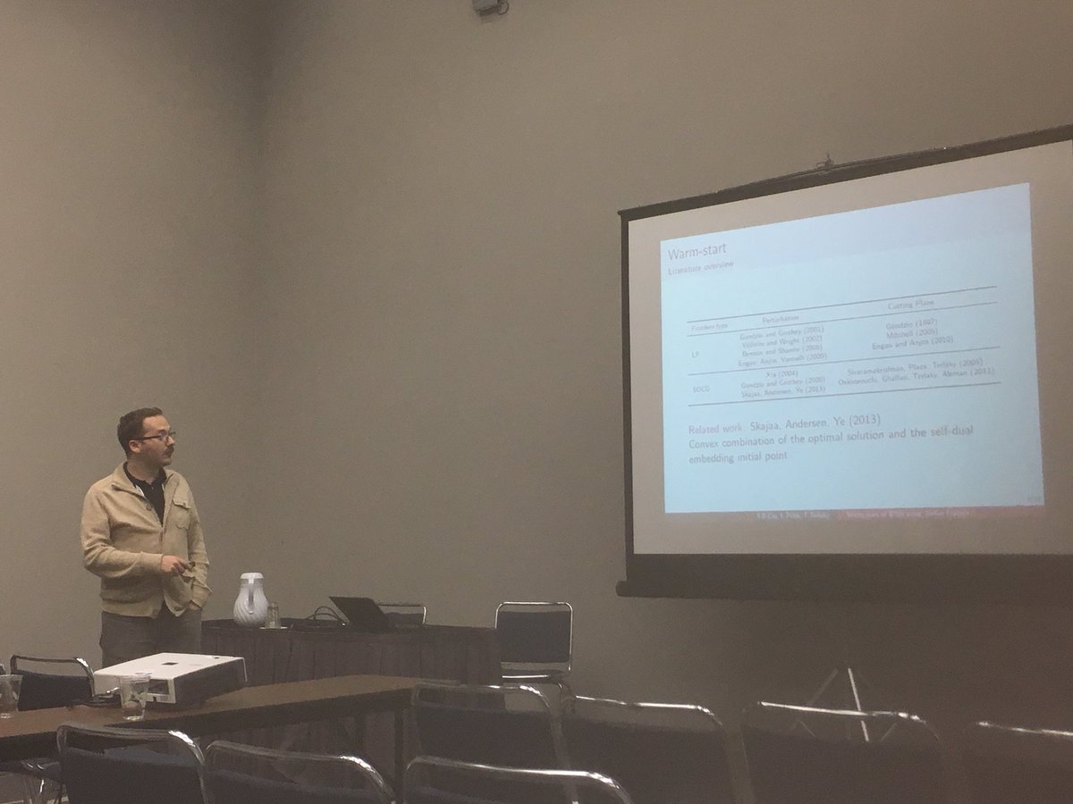 PelinDCay's tweet photo. Last session, last talk of #informs2017 from .@sertalpbilal on warm-start of interior point methods using Jordan frames #orms https://t.co/wYBPgtOffL