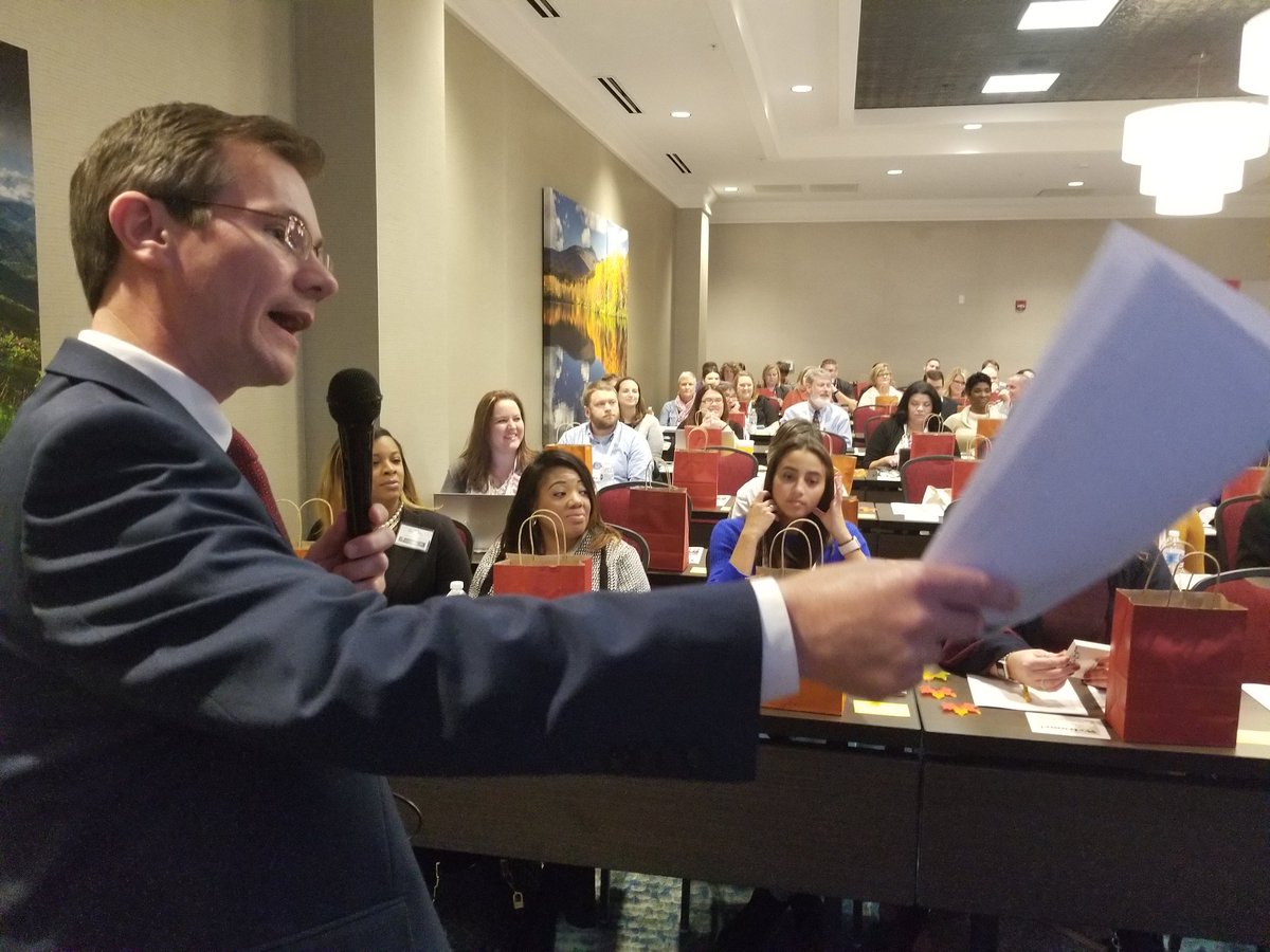 NCSPRA's tweet photo. Todd Hagans #NCSPRA #KingofFun brings the pizzazz! Attendees enjoy door prizes, games &amp; the whole conference. #GetPRepared #MissAsheville https://t.co/BAiGjLbYxl