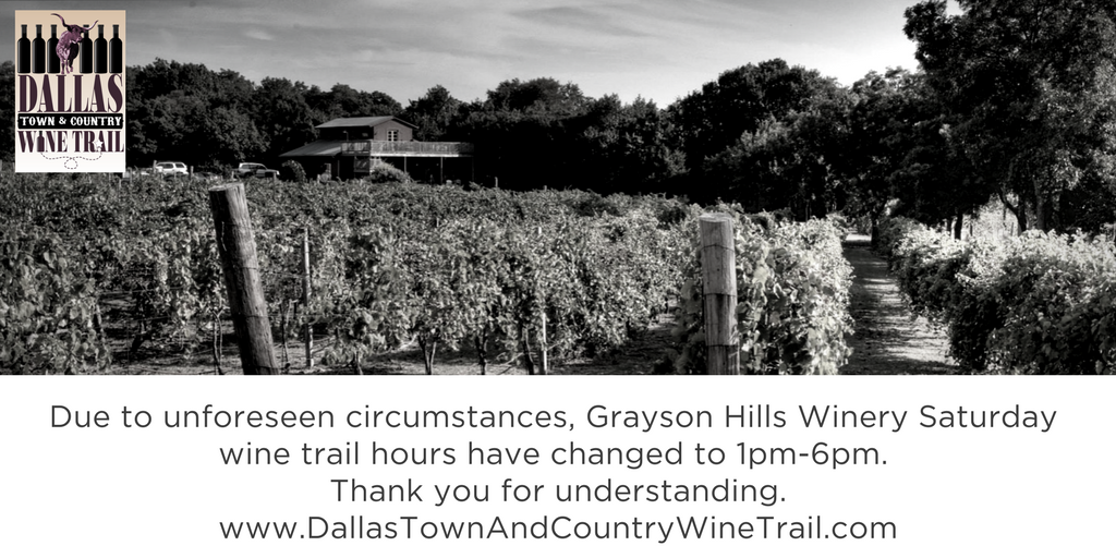 DallasTCWineTrl's tweet photo. If you're joining us on the wine trail this weekend, there has been a slight change! #GraysonHillsWinery https://t.co/V5s499rVpi https://t.co/Nd809YuSj2