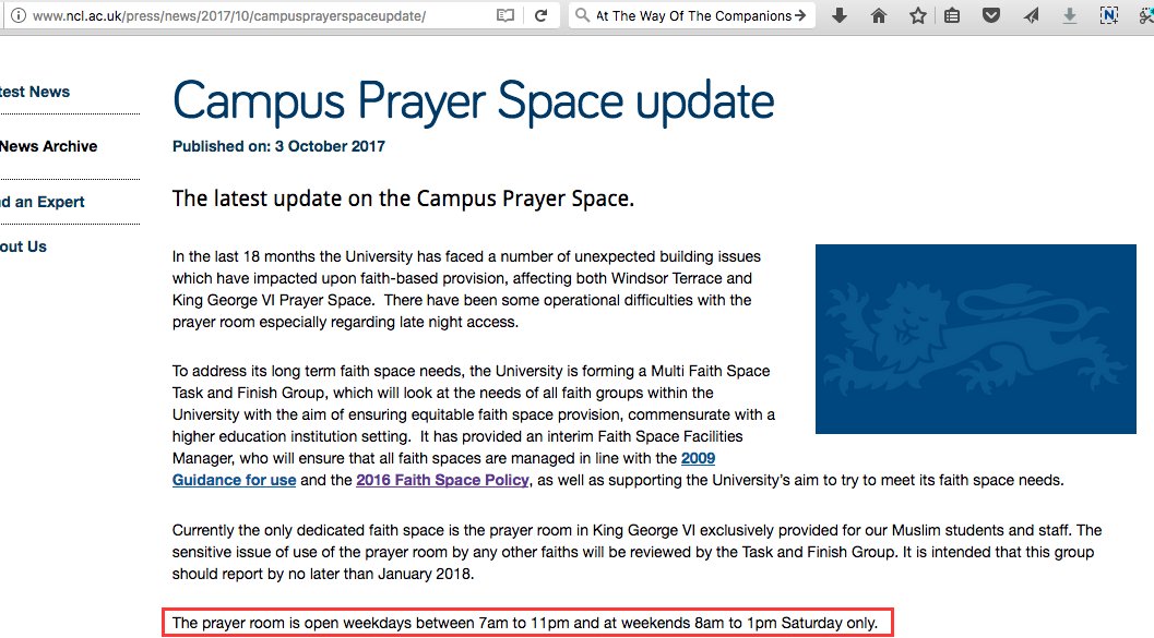 LivingIslam5's tweet photo. @freedomcity2017 @UniofNewcastle @balticmill @GNM_Hancock @SideGallery How can @UniofNewcastle celebrate equality and diversity by restricting access to the on-campus Prayer Space for THEIR Muslim students? Where is the #FREEDOM?? 
AND WHY IS NOONE SPEAKING UP FOR THE MUSLIMS??? @freedomcity2017 - Are you asking these questions to Newcastle Uni? https://t.co/OeO371NIhF