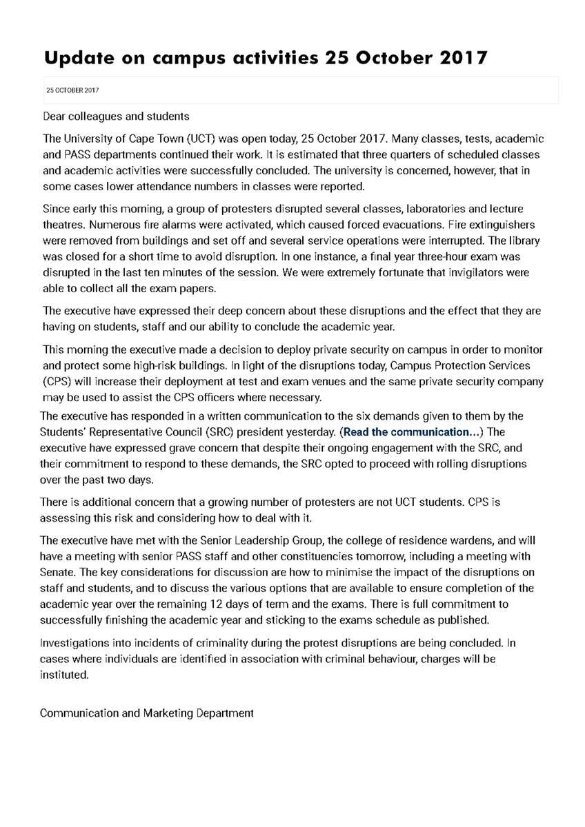 UCT_news's tweet photo. Update: 25 Oct, 21:00
Read the update on campus activities: https://t.co/QgGUU9BXD9
UCT exec response to SRC demands https://t.co/1kjzaLIlPo https://t.co/TW9FBbp5TN