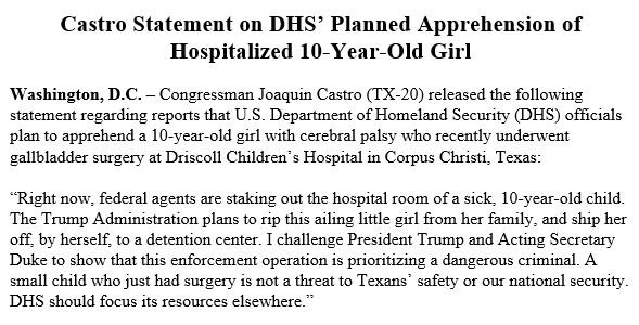 JoaquinCastrotx's tweet photo. A sick 10-year-old girl should not be a @DHSgov priority. My statement: https://t.co/GV05vfvLyj