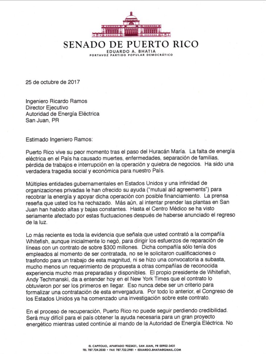 eduardobhatia's tweet photo. Le he pedido al Ingeniero Ricardo Ramos que por el bien de Puerto Rico y su recuperación renuncie a su cargo como Dir Ejecutivo de la AEE. https://t.co/qprX83oQSx