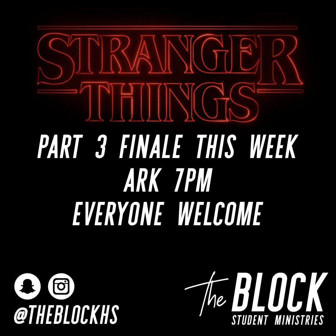 theblockhs's tweet photo. Stranger thins Part 3 is on Friday. Come join us... You're not going to want to miss this week. Worship &amp; Word &amp; Tribes at 7pm in the ARK! https://t.co/XW0hDQgWrW
