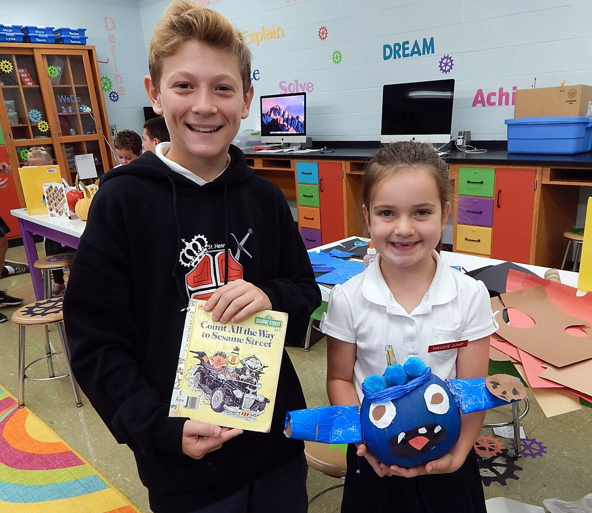 sthenryschool's tweet photo. The 8th grade and kindergarten students by created classic book characters  out of the pumpkins. @sthenryschool https://t.co/SC30hSvzli