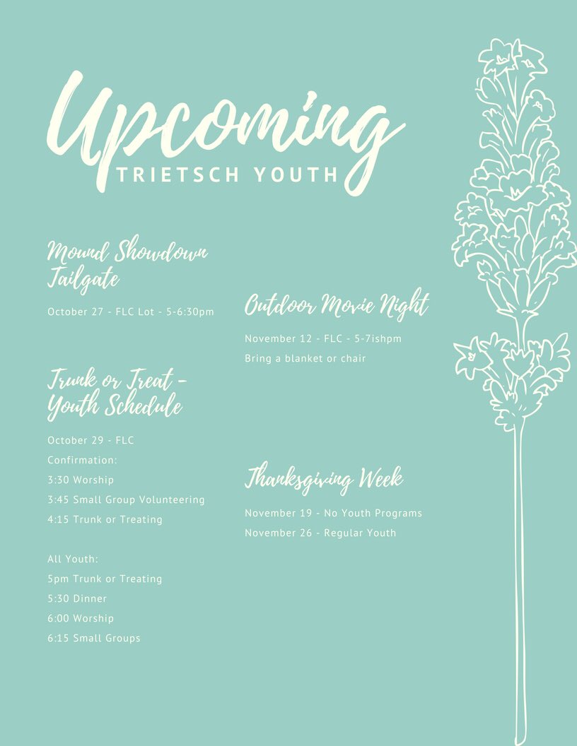 Trietschyouth's tweet photo. Take a look at our upcoming events, and join us on Friday at 5:00 for the tailgate! https://t.co/rBssZXhoiB