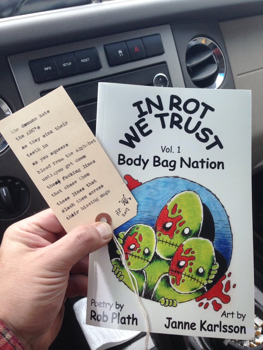TrashandAsh's tweet photo. The postman brought something special today: IN ROT WE TRUST by Rob Plath and Janne Karlsson, complete with toe-tag bookmark! @rob_plath https://t.co/m9HntPeRig