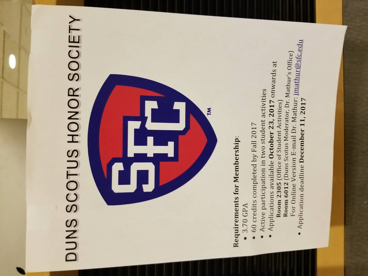 SFCAdvisement's tweet photo. If you are interested in joining Duns Scotus Honor Society applications are due 12/11/17 https://t.co/6c5Vg5UERZ