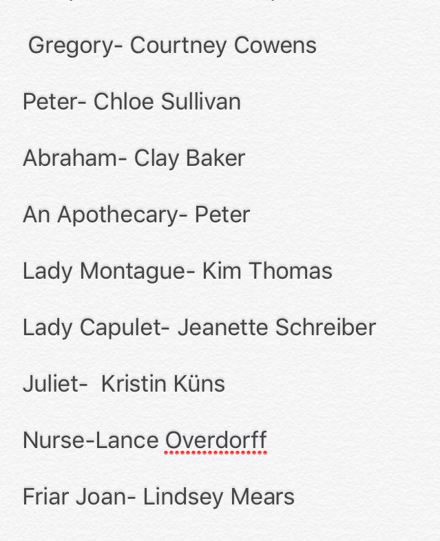 BethanyStage's tweet photo. Cast list for Romeo and Juliet!!! https://t.co/H9wiS361Ru