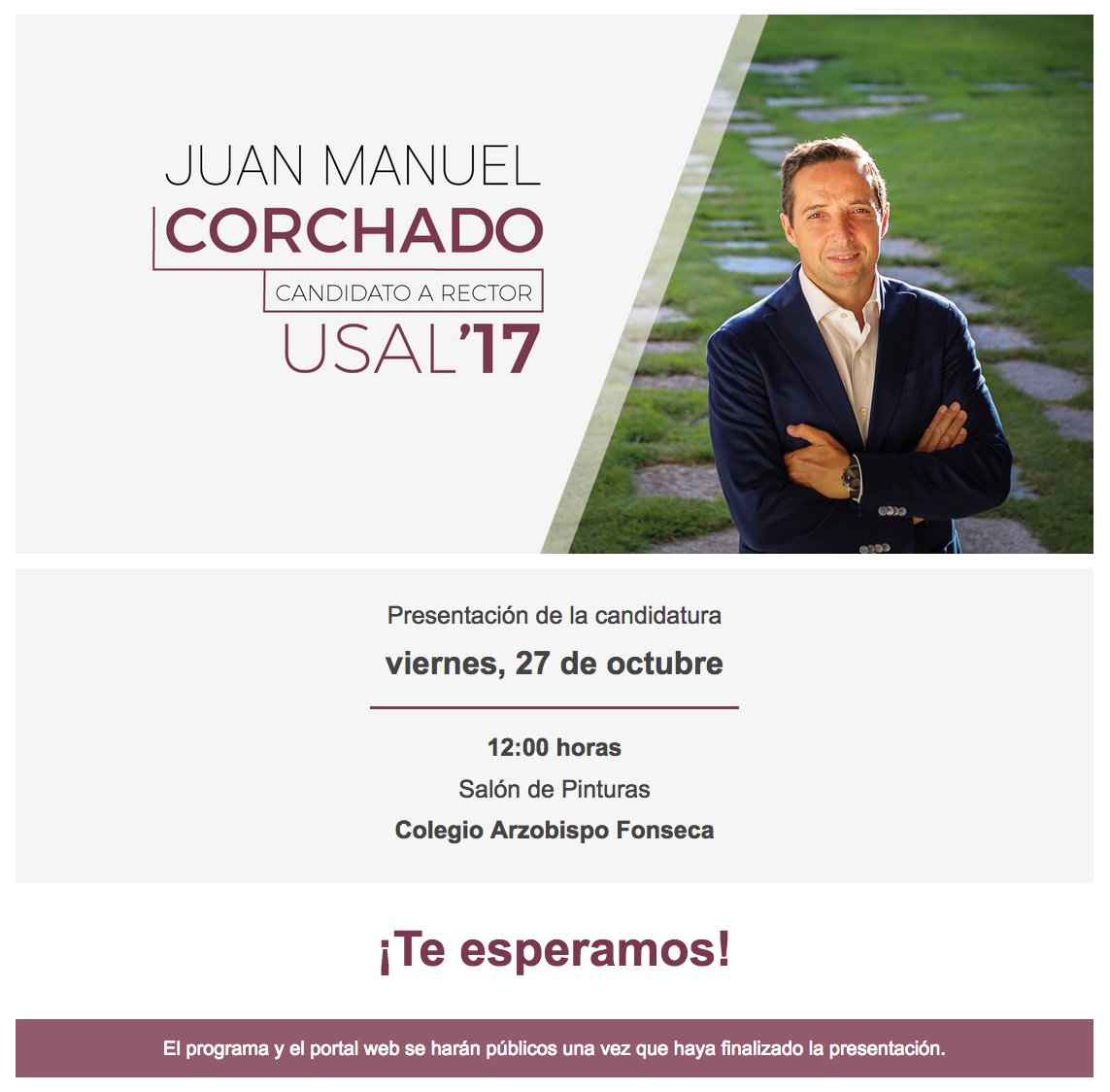 Acto de presentación 27-Oct - 12:00h en la Sala de Pinturas del Colegio Arzobispo Fonseca, Salamanca.
corchadojm.es
¡Te esperamos!