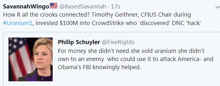 BasedSavannah's tweet photo. #CrookedHillary, #Obama #TimothyGeithner all connected to #UraniumOneScandal. Geithner connected 2 #CrowdStrike that found #DNC was "hacked" https://t.co/lgxnhbLd2J