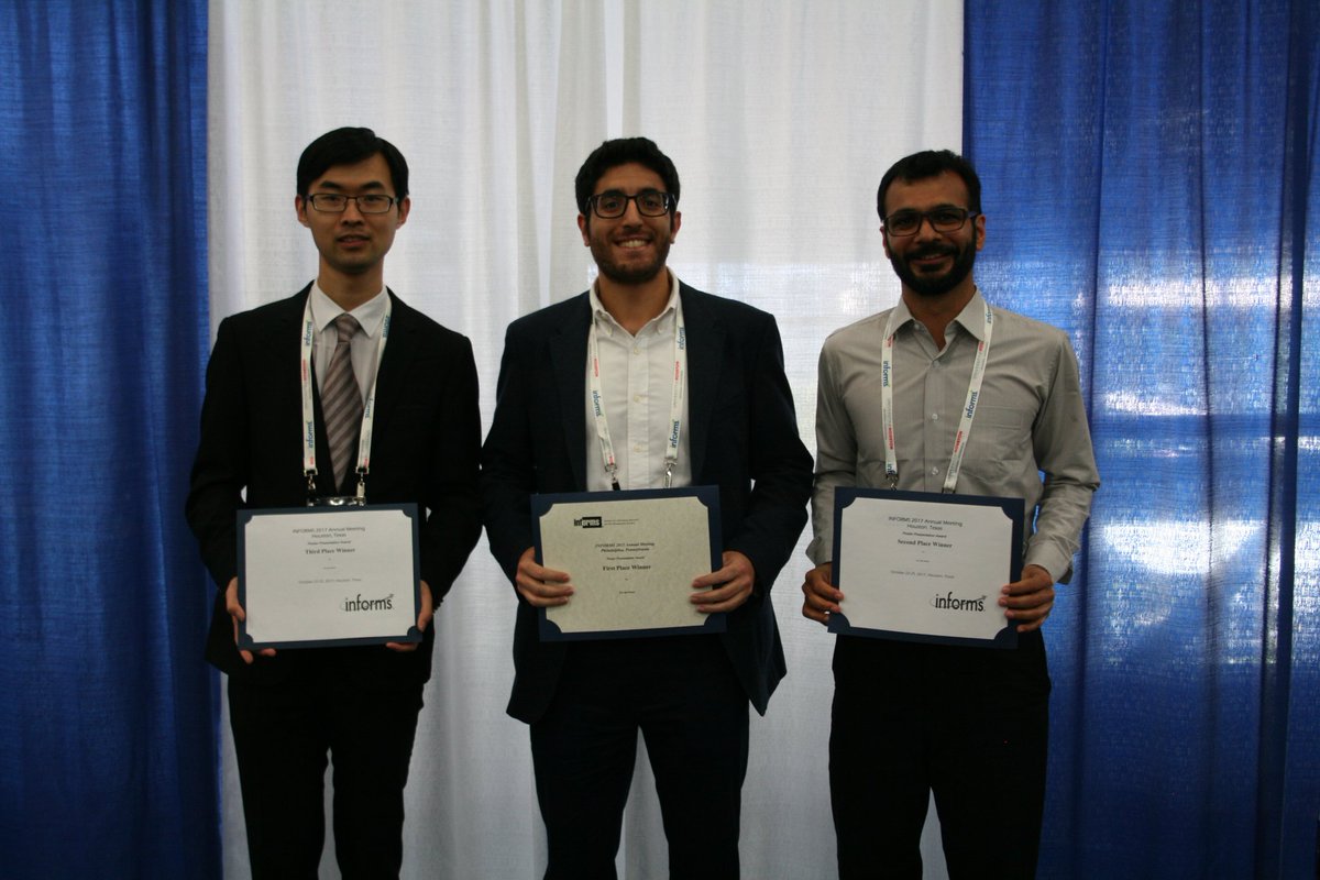lyeskhalil's tweet photo. #informs2017 was awesome! Looking forward to @ismp2018. With poster award winners Xiaowei Yue of @isye_phd & @jehangiramjad of @ORCenter https://t.co/3YH5O4TNmT