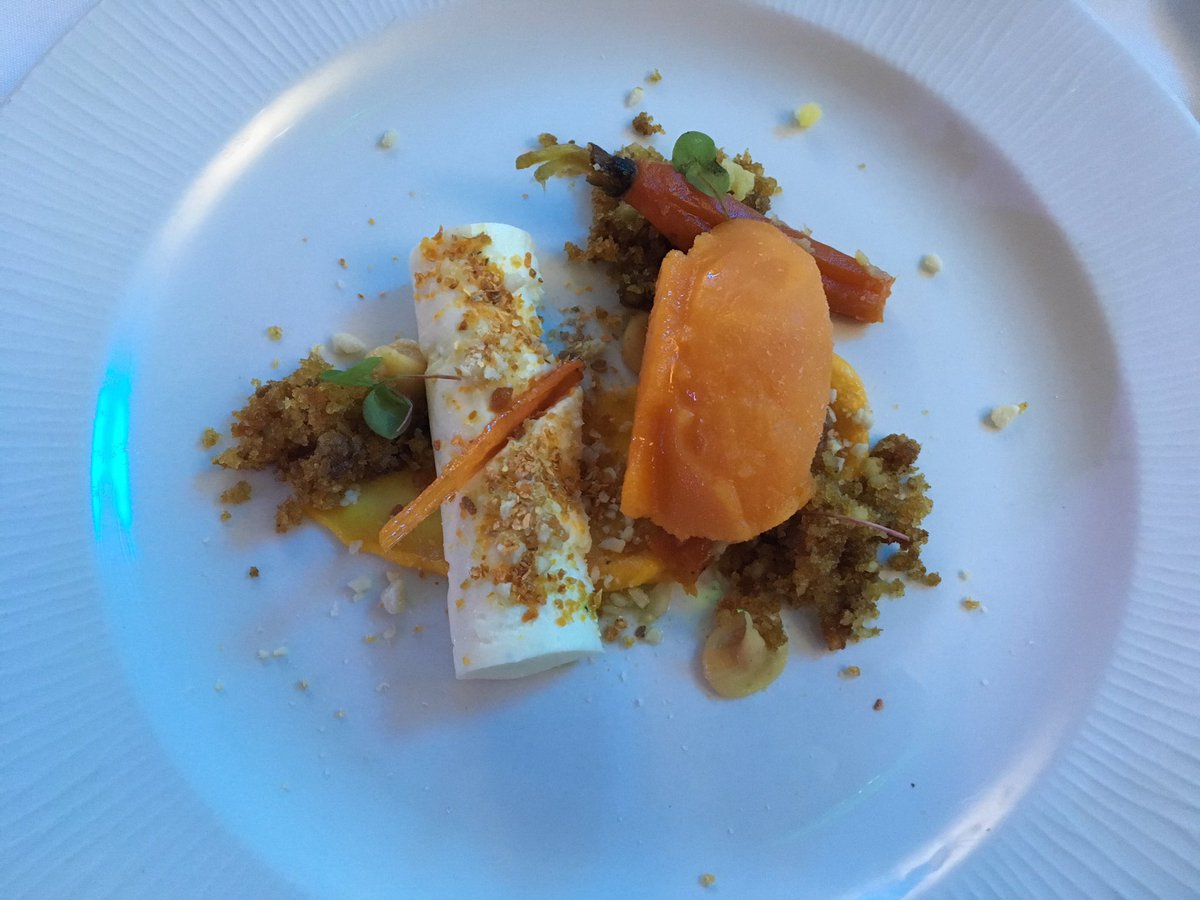 foodlifestylesw's tweet photo. Dessert by @jamiecolemanuk of @MasonsKnowstone: goats' curd cheesecake, carrot sponge, toffee and peanuts #SWChefComp https://t.co/v3dJ92u2CU