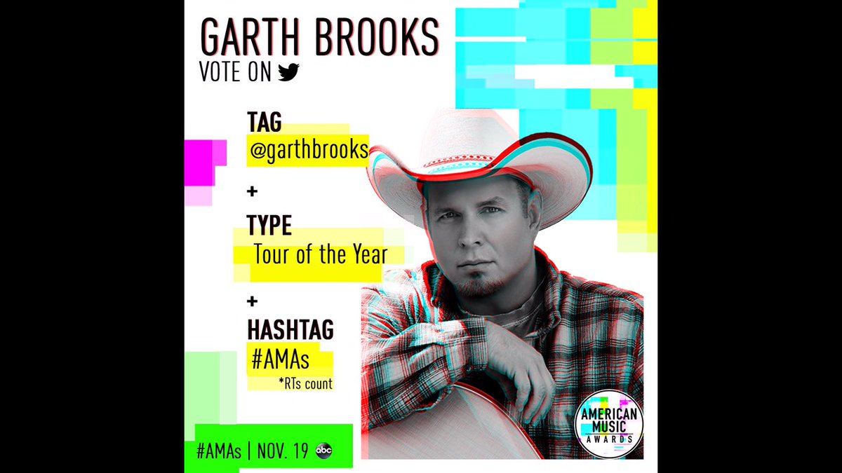garthbrooks's tweet photo. Just in from @AMAs: YOU can VOTE @GarthBrooks daily for #AMAs Tour of the Year by following directions below! 

Hit RT, RTs count! -Team G https://t.co/kljnIBkL6T