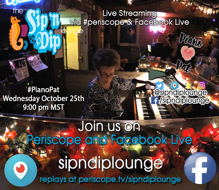sipndiplounge's tweet photo. Piano Pat is in the lounge tonight! livestream #periscope @sipndiplounge & Facebook Live /sipndiplounge tonight 9pm MST #pianopat #mticon https://t.co/yDR0J5tCBQ