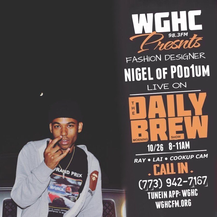 CookUpCam's tweet photo. Tomorrow we continue the @TheDailyBrewChi Fashion Week with Nigel of p0d1um Brand. We'll talk style and SPEED 🏎💨 https://t.co/YVKxlQzwoQ