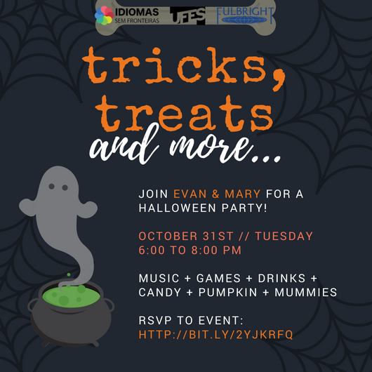 IsFufes's tweet photo. Já estão preparados para o #Halloween? Dia 31 vai rolar a nossa festa com os #FulbrightETAs! Confirme presença logo: https://t.co/W5qIXjC7C2 https://t.co/er5kmOC6EV