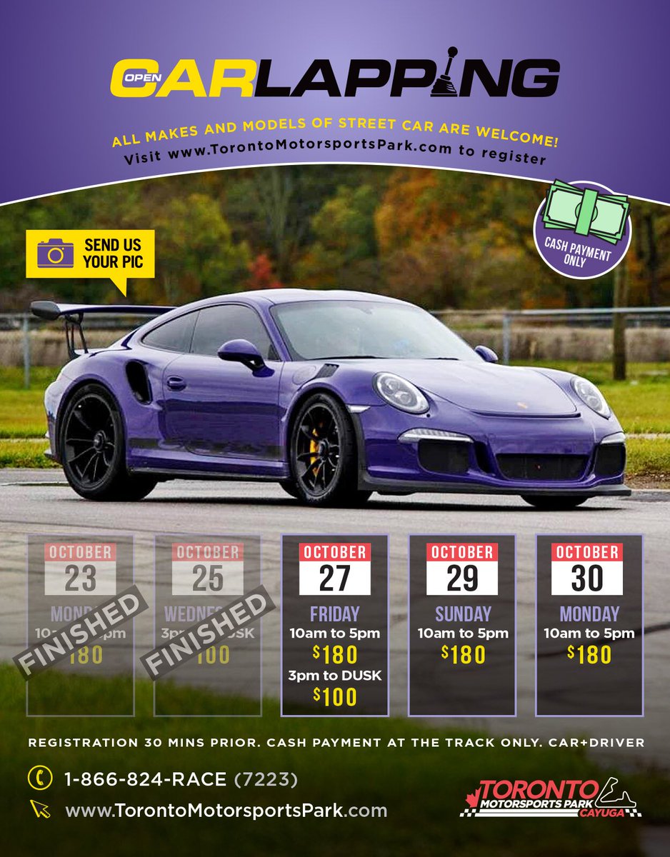 TMPCayuga's tweet photo. Just a friendly reminder of the open car lapping schedule!!
#Porsche #GT3RS #TMPLapping #TMPCayuga #TorontoMotorsportsPark https://t.co/n4qrZ15E5R
