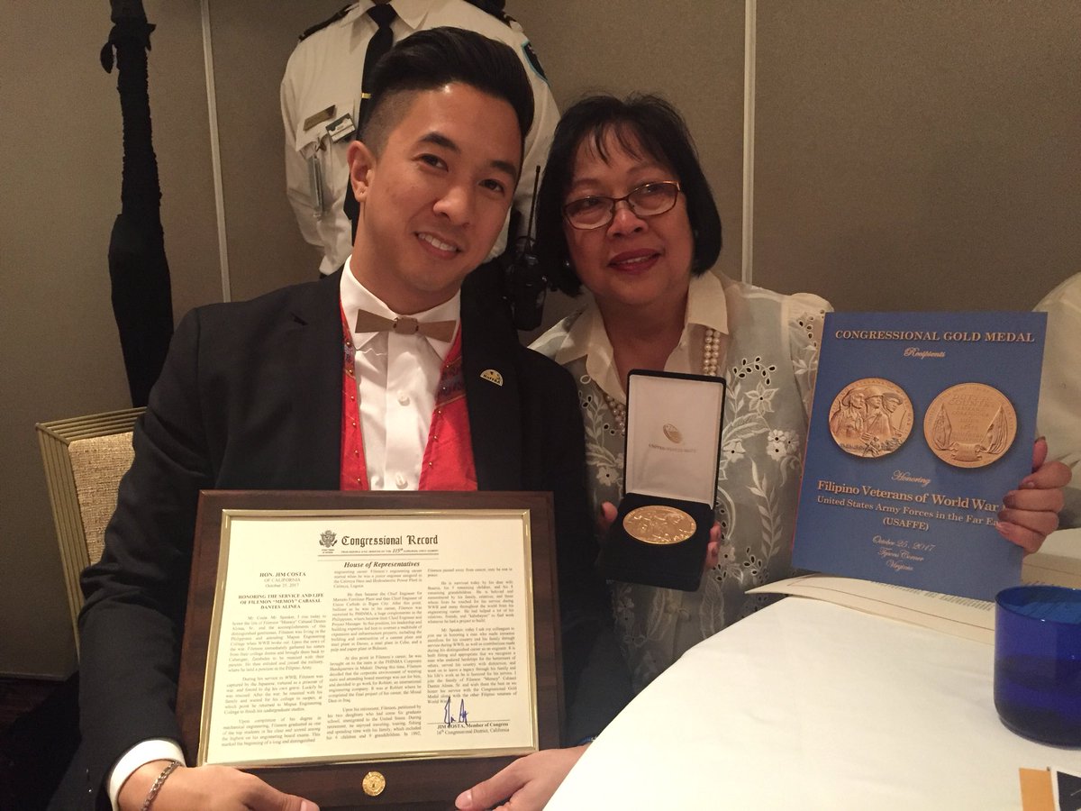 NaFFAA_National's tweet photo. NaFFAA ED @jastengco & his mother receiving the Congressional Gold Medal on behalf of his grandfather at the #FilVetREPCGM Gala #NaFFAAstory https://t.co/2OzgtQNX23