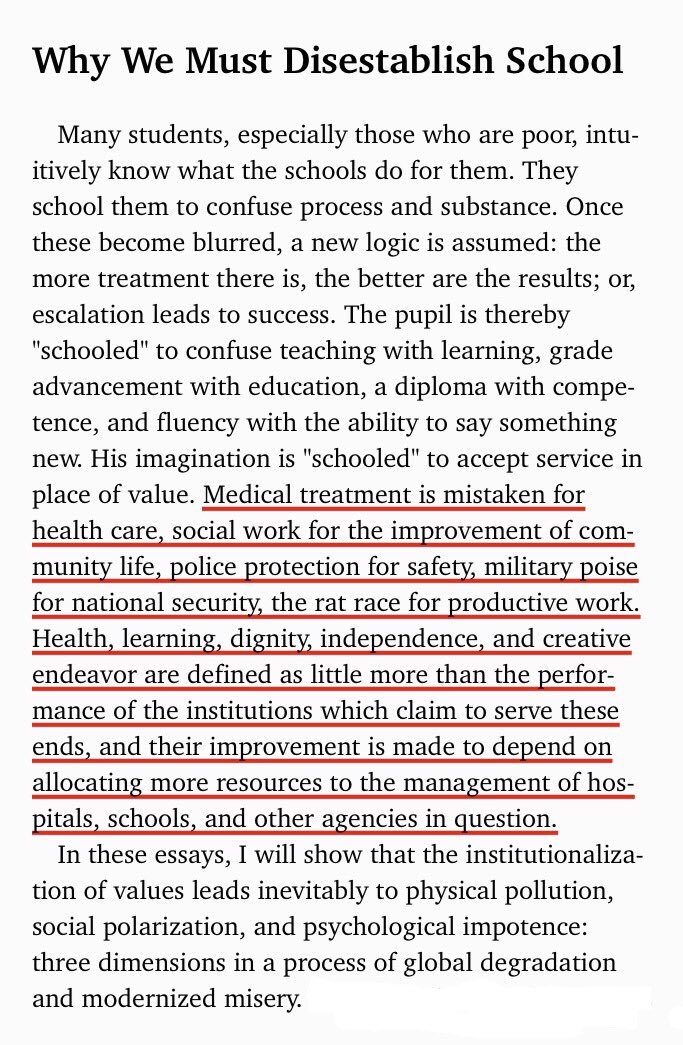 First page of Ivan Illich's prophetic 1970 Deschooling Society. The problems with progressive modernity he describes has multiplied since.