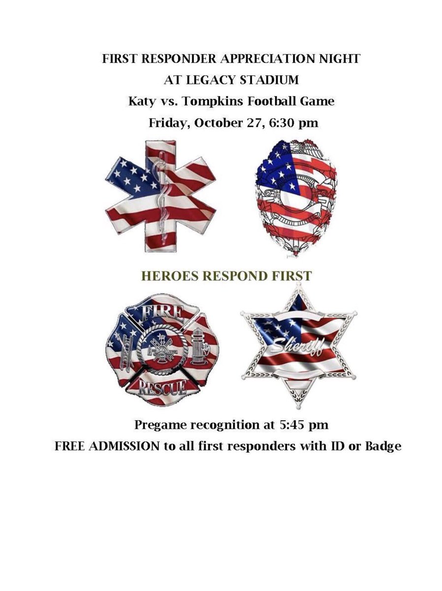 Prissy_Katymag's tweet photo. Freebie &amp; Appreciation Alert!All 1st responders W/ID R invited 2 Legacy Field 4 a fun night of Katy,TX Football! #BeTheLegacy #katymagazine https://t.co/GvqTZeju2q