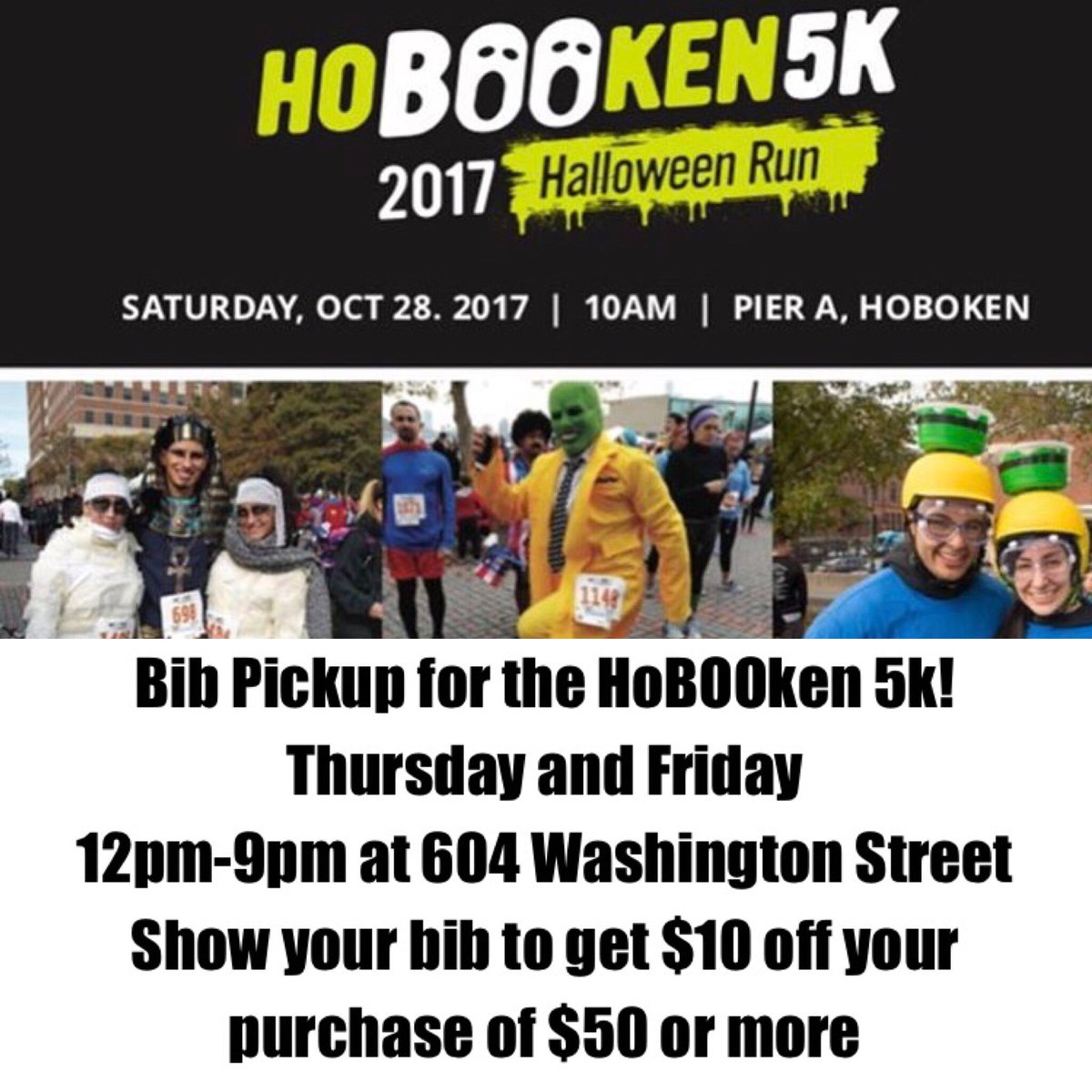 FFHoboken's tweet photo. HoBOOken 5k bib pickup Pick up 12-9pm Thurs and Fri. Use your bib to get $10 off your purchase of $50 or more. End of sale ends on Fri! https://t.co/1NR3qebgEq