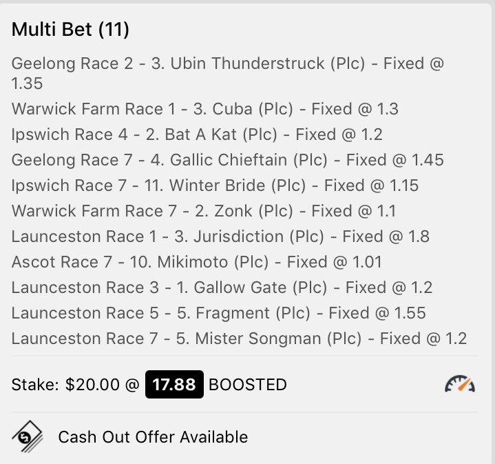 Gooseyboy37's tweet photo. Another Place Multi pays off from @BensRacingTips #11legplacemulti https://t.co/F7LZWO2C3s