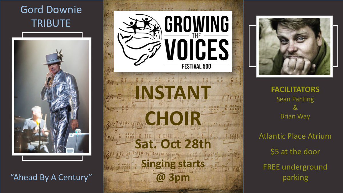 growingvoicesNL's tweet photo. INSTANT CHOIR this Saturday! Singing starts at 3pm. Atlantic Place. #GordDownie #tribute #seanpanting #letsfilltheatrium #everyonewelcome https://t.co/KqaZKudBYW