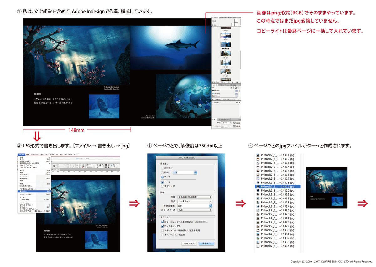 Lu_Froy's tweet image. 【SSフォトブックの作業】※あくまで私の場合です＾＾；
前に聞かれたことがあったので、簡単にまとめてみました。
①収録したいSSをたくさん用意。（png）
②Adobe Indesignでページ構成。
③ページごとでまとめて書き出し。（jpg）
④しまうまさんのページにぶち込む。